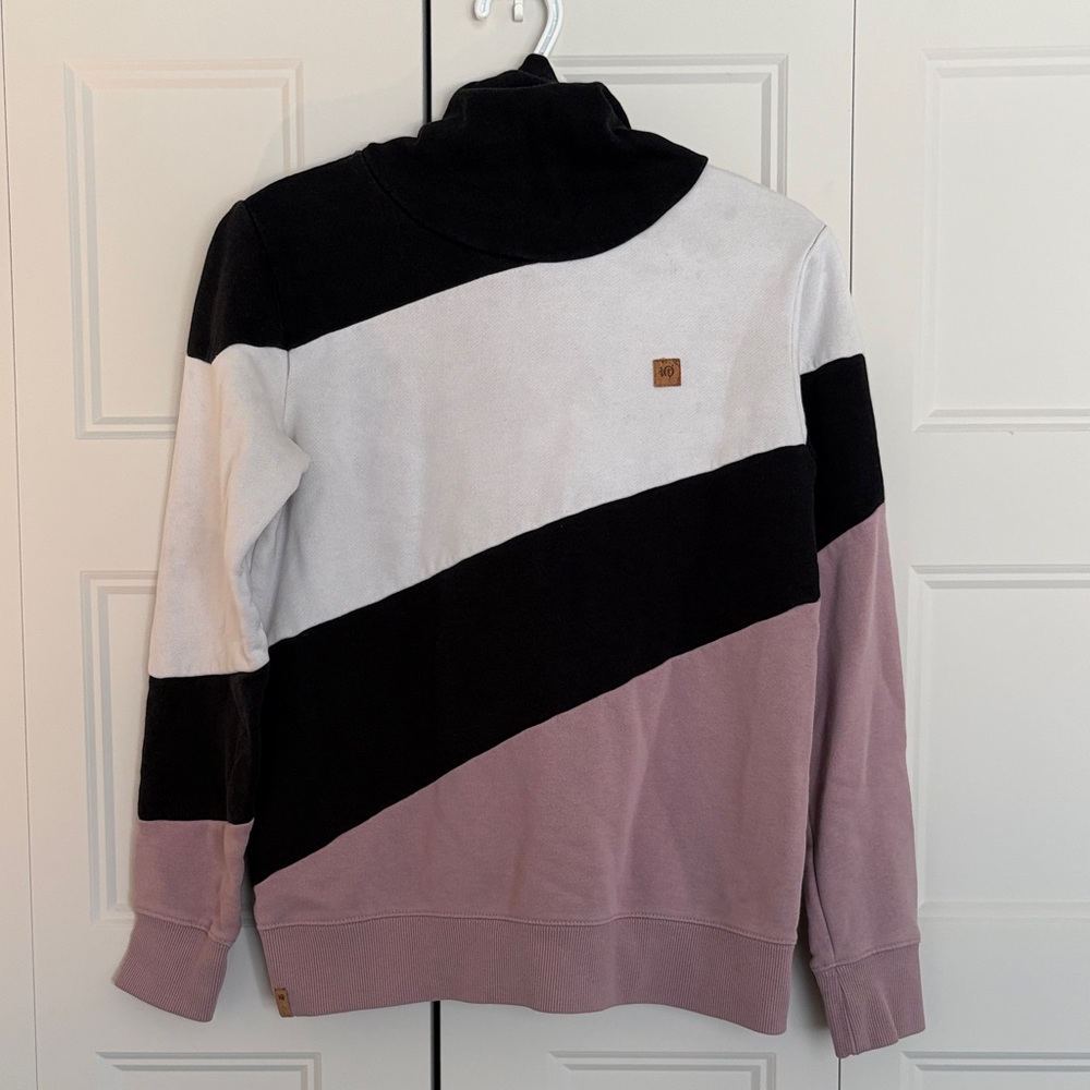 Tentree Colorblock Sweatshirt in Black, White, and Pink cowl neck